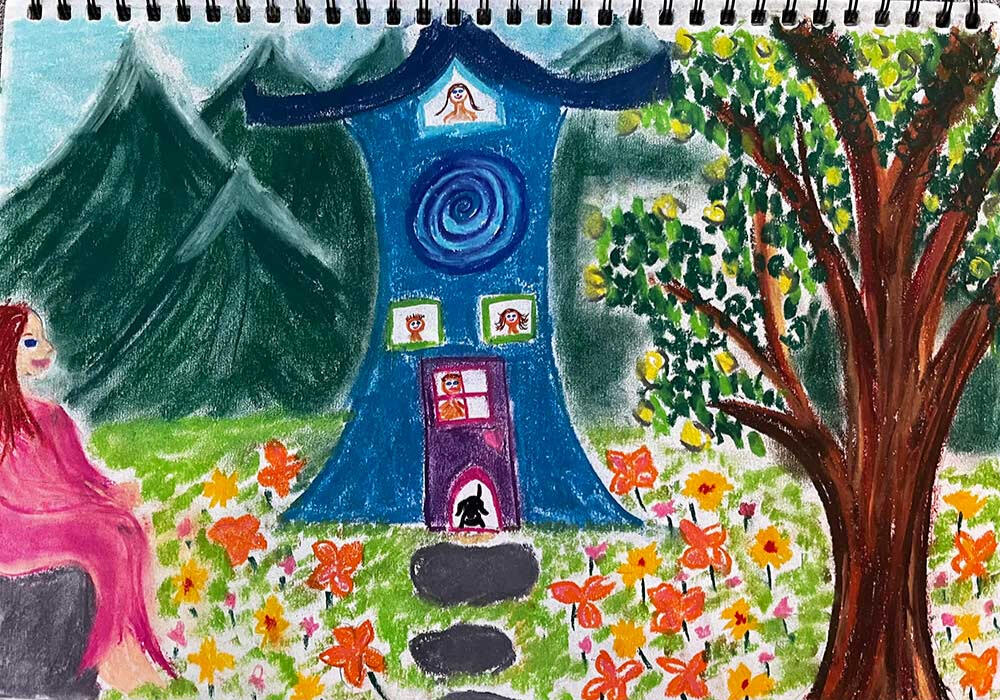 Individual Art Therapy A colourful drawing of a woman, a house and a tree, with mountains in the background